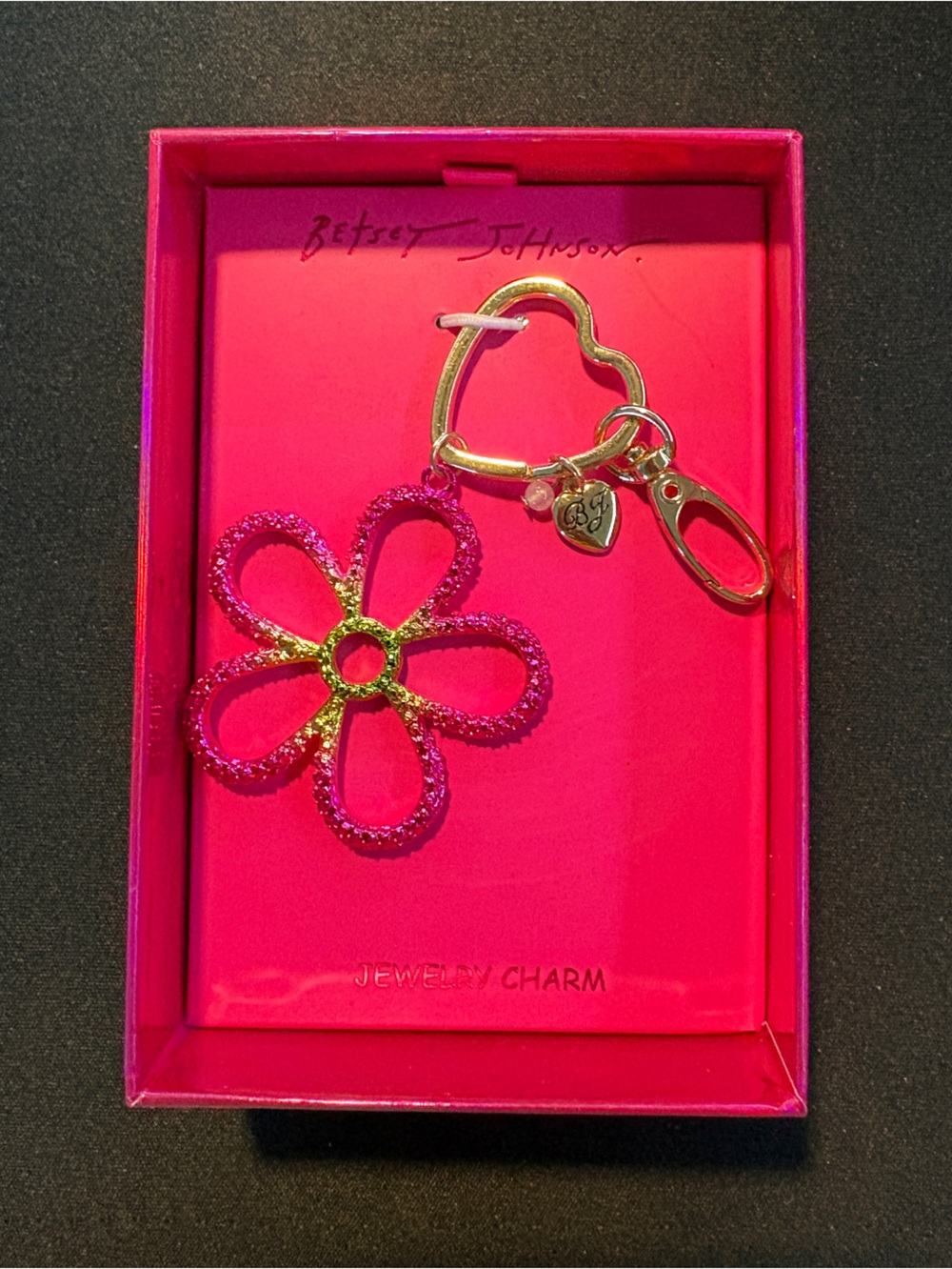 Betsey Johnson Hot Pink Glitter Flower Key & Card Holder with Gold Hardware